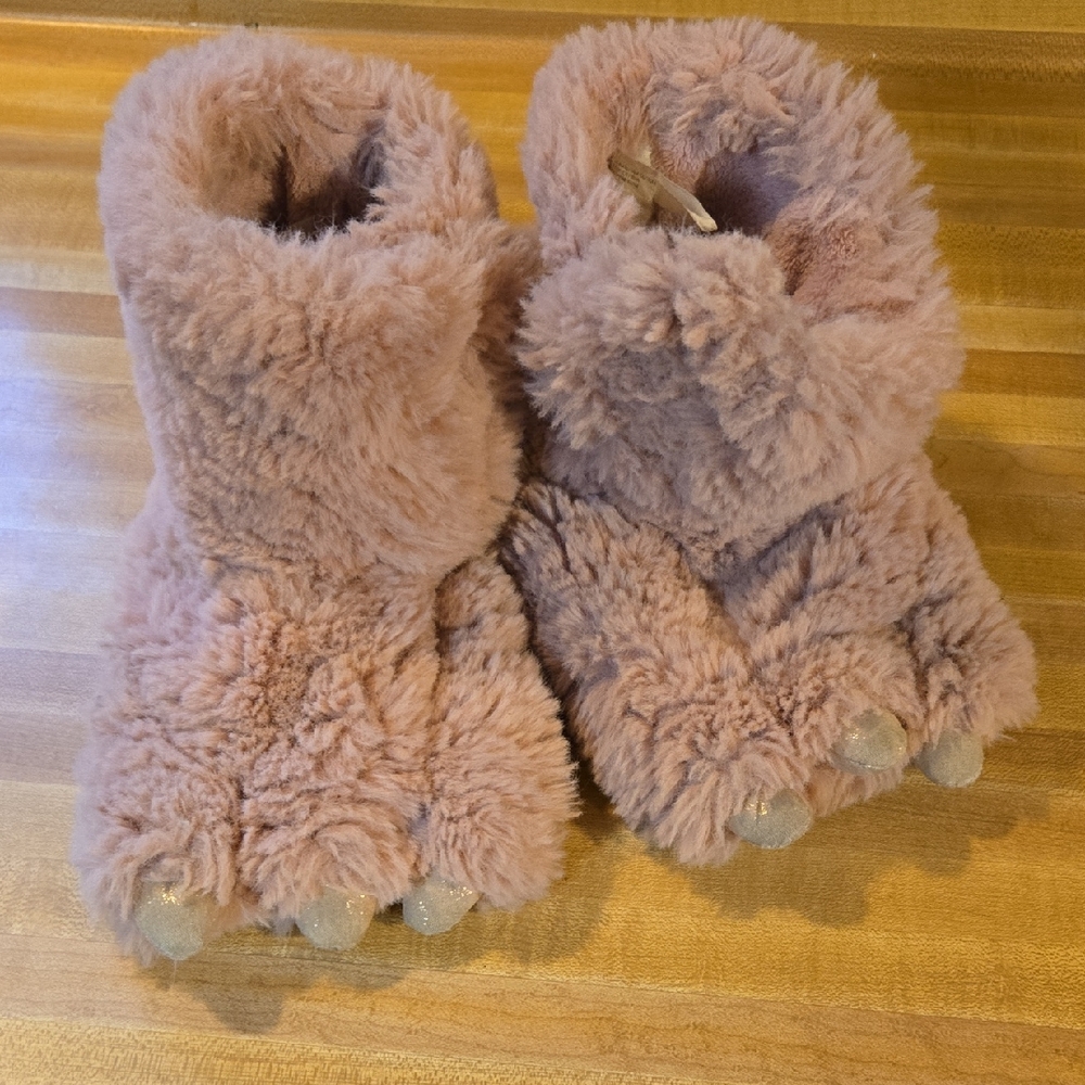Fuzzy Pink Bear Paw Slippers